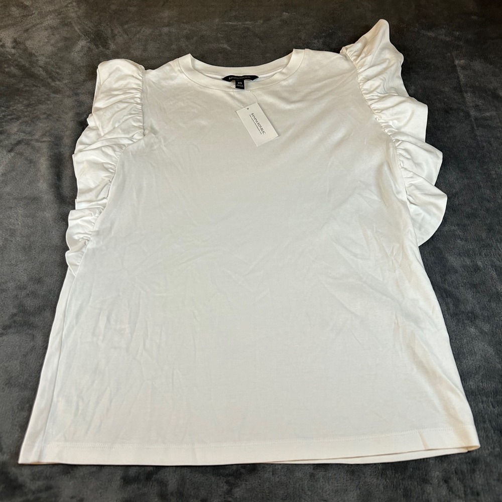 Banana Republic White Ruffle Sleeve Top Crew Neck Sleeveless Womens XS NWT